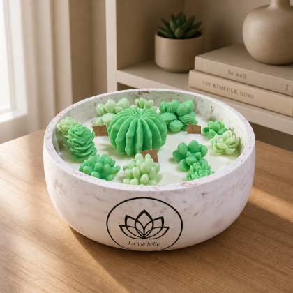 Pieza artesana vela cactus redonda